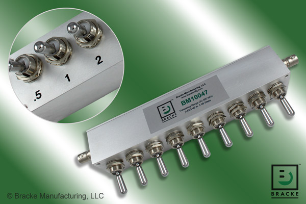 50 Ohm BNC female toggle attenuator with 0 to 82.5 dB attenuation range in 0.5 dB steps, DC to 500 MHz operation, and 10 watt average power handling.