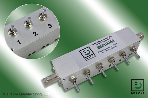 50 Ohm BNC female toggle attenuator with 0 to 42 dB attenuation range in 1 dB steps, DC to 1 GHz operation, and 1,000 watt peak power capability.