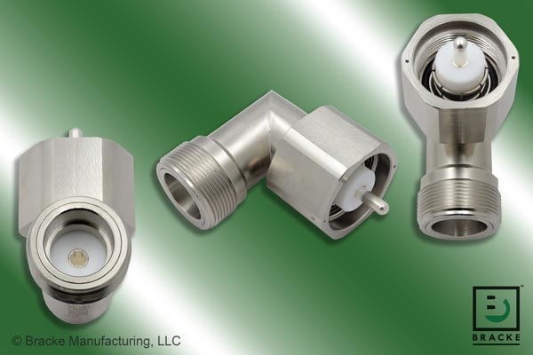 LC Male to LC Female Right Angle Adapter High power right angle RF adapter LC Male to LC Female, 50 Ohm, up to 1 GHz, typical VSWR 1.25:1, shown at multiple angles