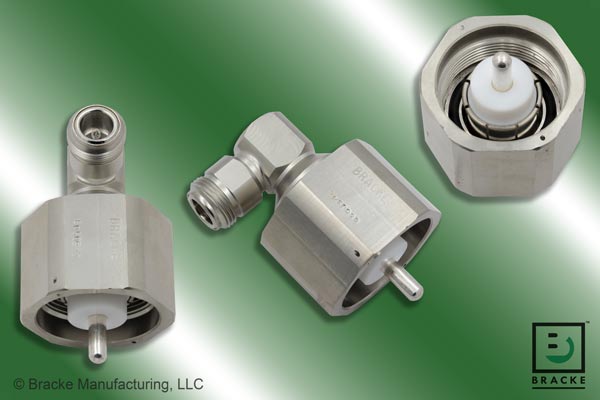 High power right angle RF adapter LC Male to N Female, 50 Ohm, up to 4 GHz, typical VSWR 1.35:1, shown at multiple angles
