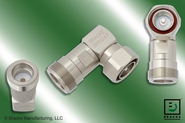 High power right angle RF adapter LC female to 7/16 DIN male, 50 Ohm, up to 4 GHz, typical VSWR 1.20:1, shown at multiple angles