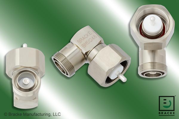 High power right angle RF adapter LC male to 7/16 DIN female, 50 Ohm, up to 4 GHz, typical VSWR 1.20:1, shown at multiple angles