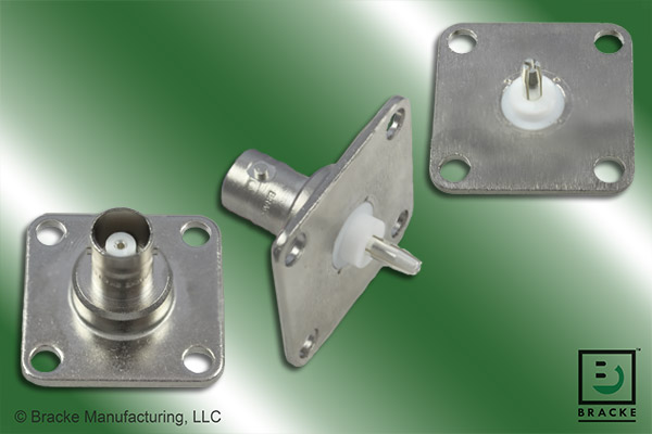 BNC female quick change 4 hole panel mount connector with slotted contact terminal for watt meter applications