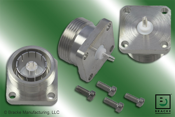 7/16 DIN female quick change 4 hole panel mount connector with slotted contact terminal for watt meter applications