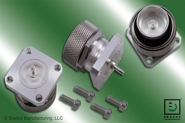 7/16 DIN male quick change 4 hole panel mount connector with slotted contact terminal for watt meter applications