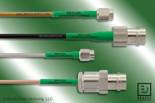 RF cable assembly with BNC female and SSMA male connectors.